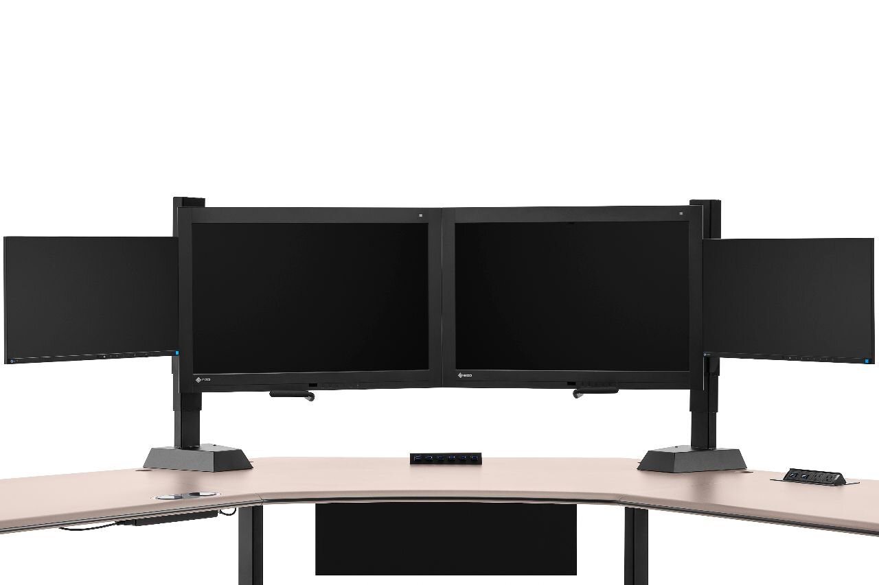 sit to stand desk with multiple monitor display